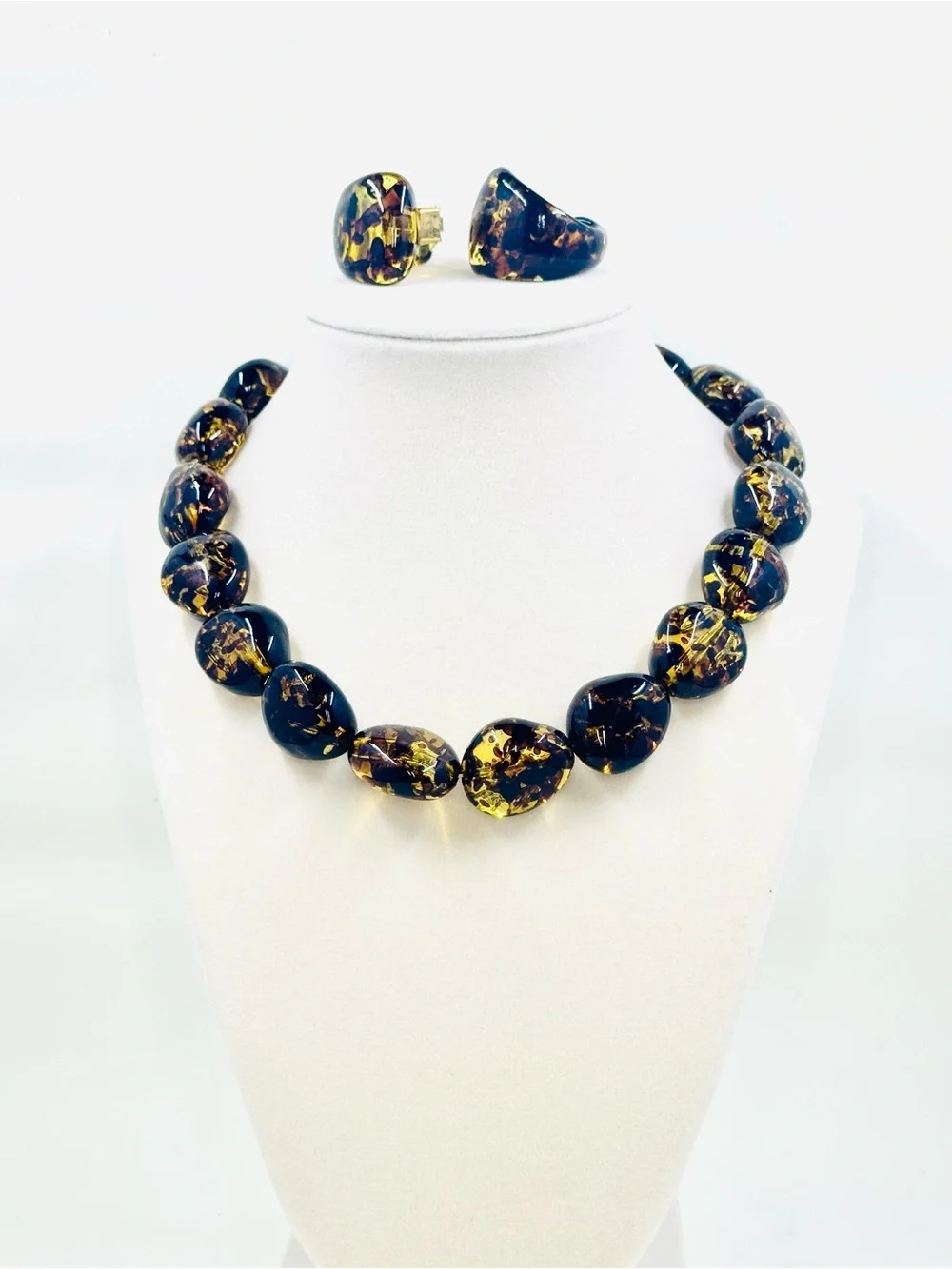 Vintage Plastic Amber & Brown Tone Translucent Beaded Necklace &Clip On Earrings